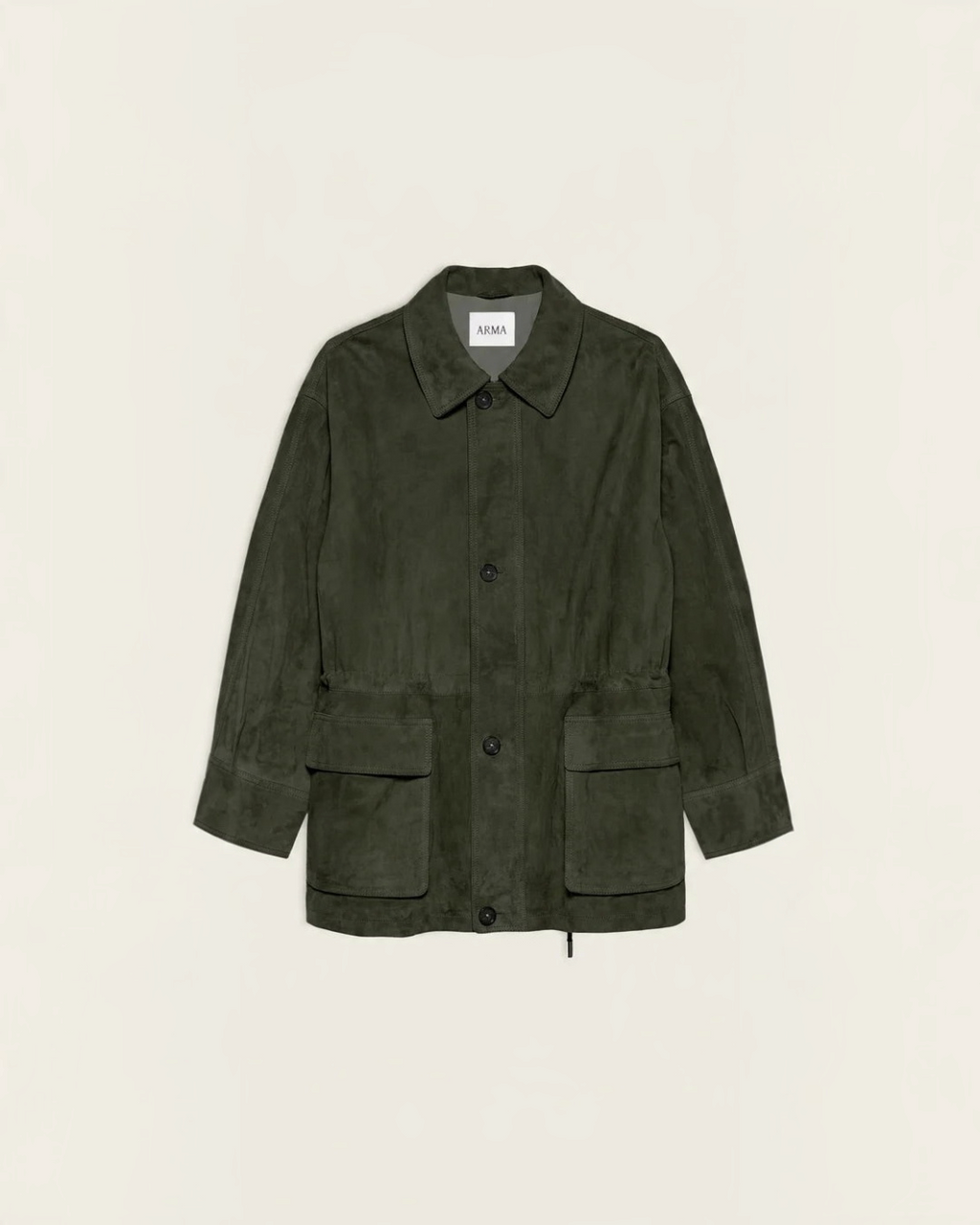 Veste Merci Paris Arma Maeve en daim d'agneau vert foncé avec poches à rabat et cordon de serrage à la taille
