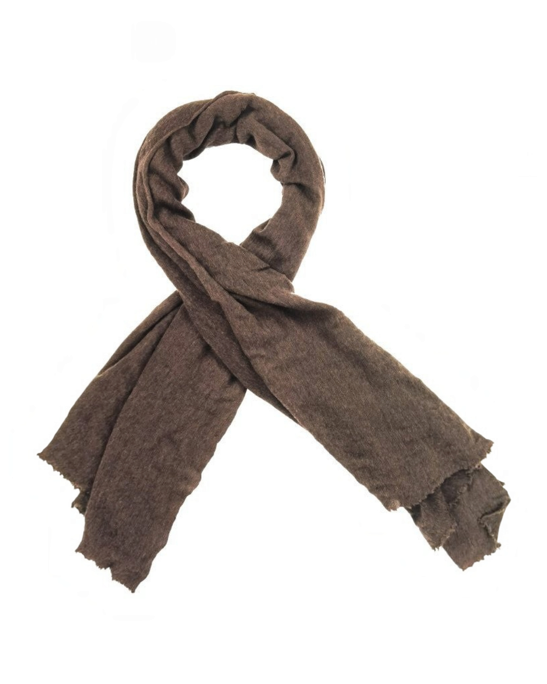 Écharpe Merci Paris Botto Giuseppe en maille jersey de cachemire marron avec bords effilochés, fabriquée en Italie.