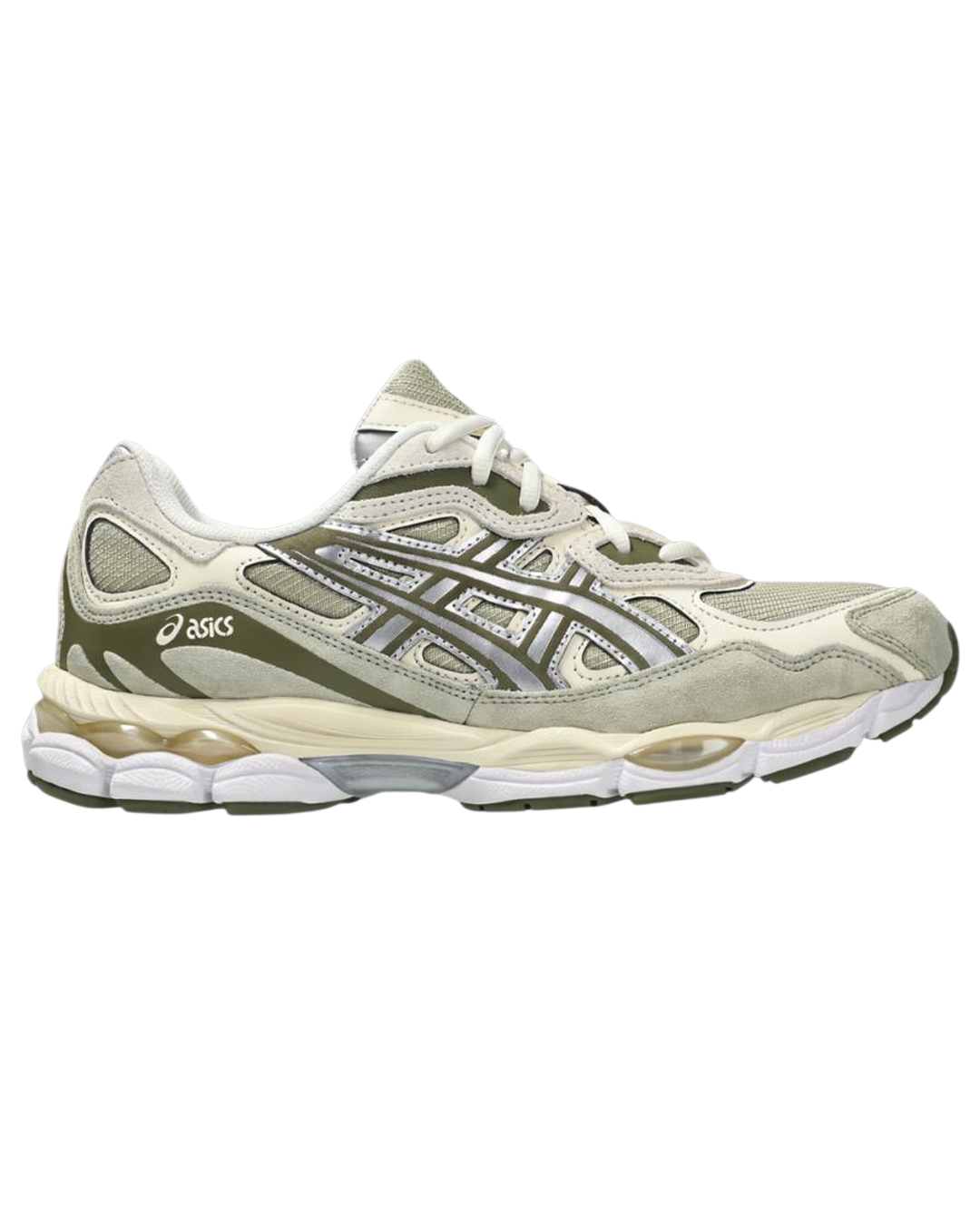 Baskets Asics Gel NYC Merci Paris en mesh kaki et daim avec détails argentés et semelle amortissante