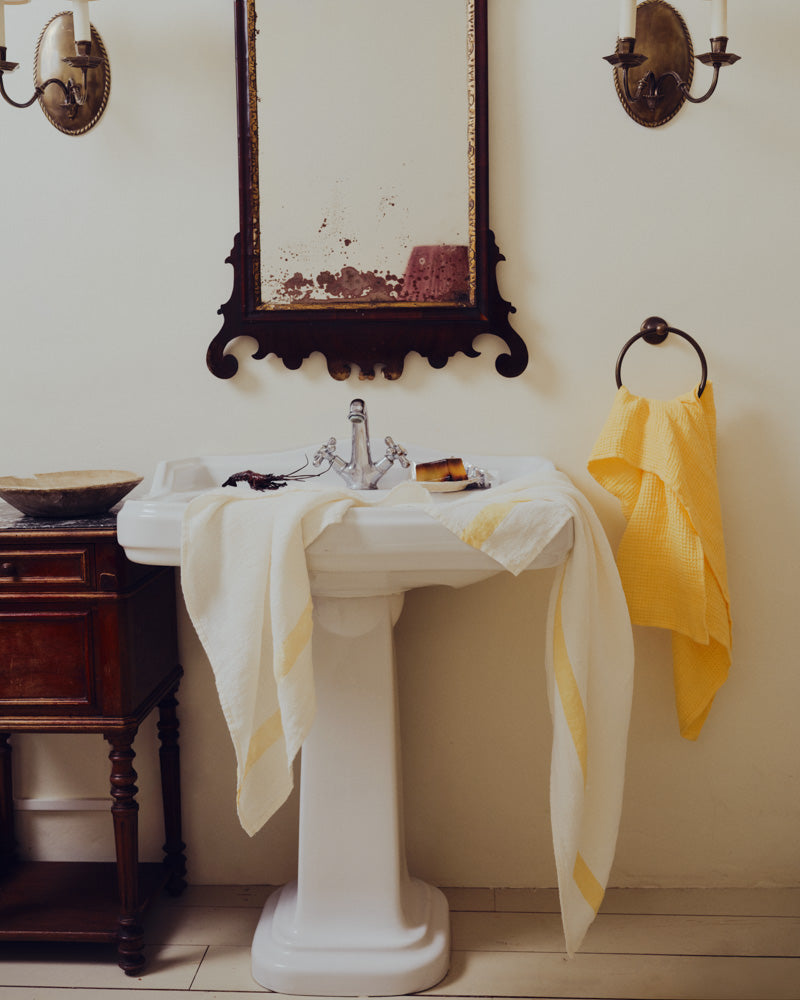 Merci - Serviette De Bain En Lin Nid D'Abeille - Bande Jaune Citronnade