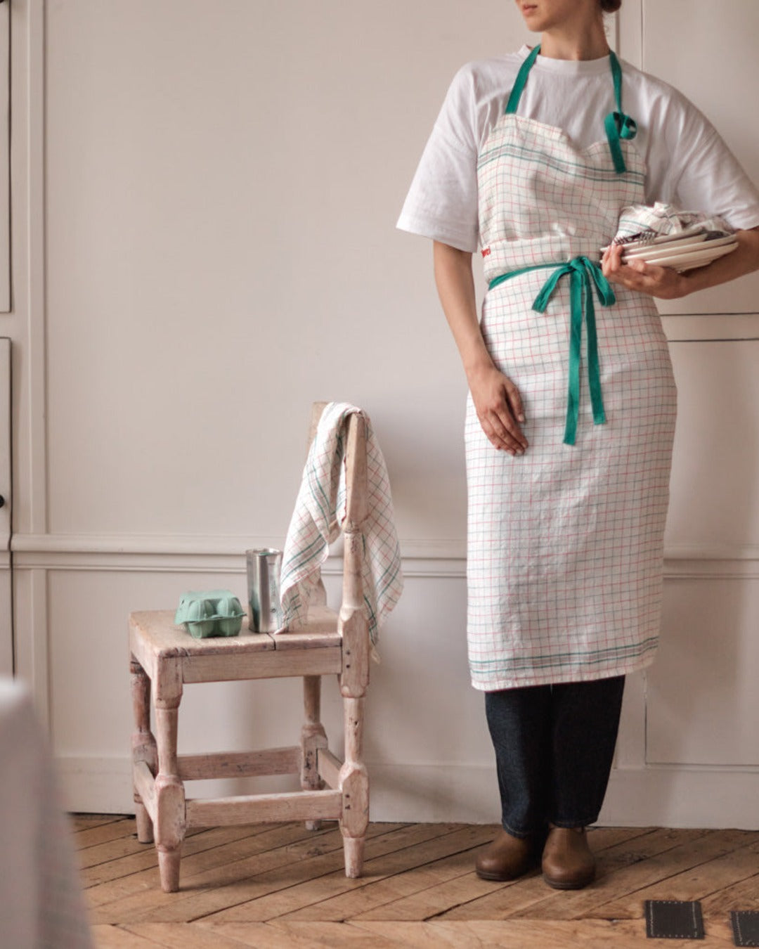 Merci - Tablier En Lin Lavé Office - Rose & Vert