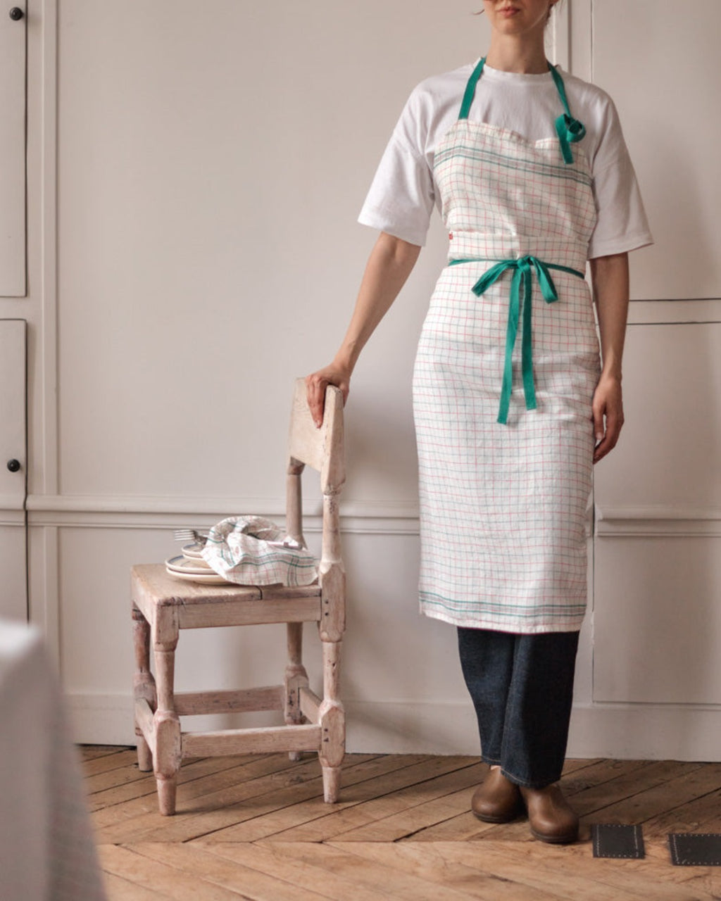 Merci - Tablier En Lin Lavé Office - Rose & Vert