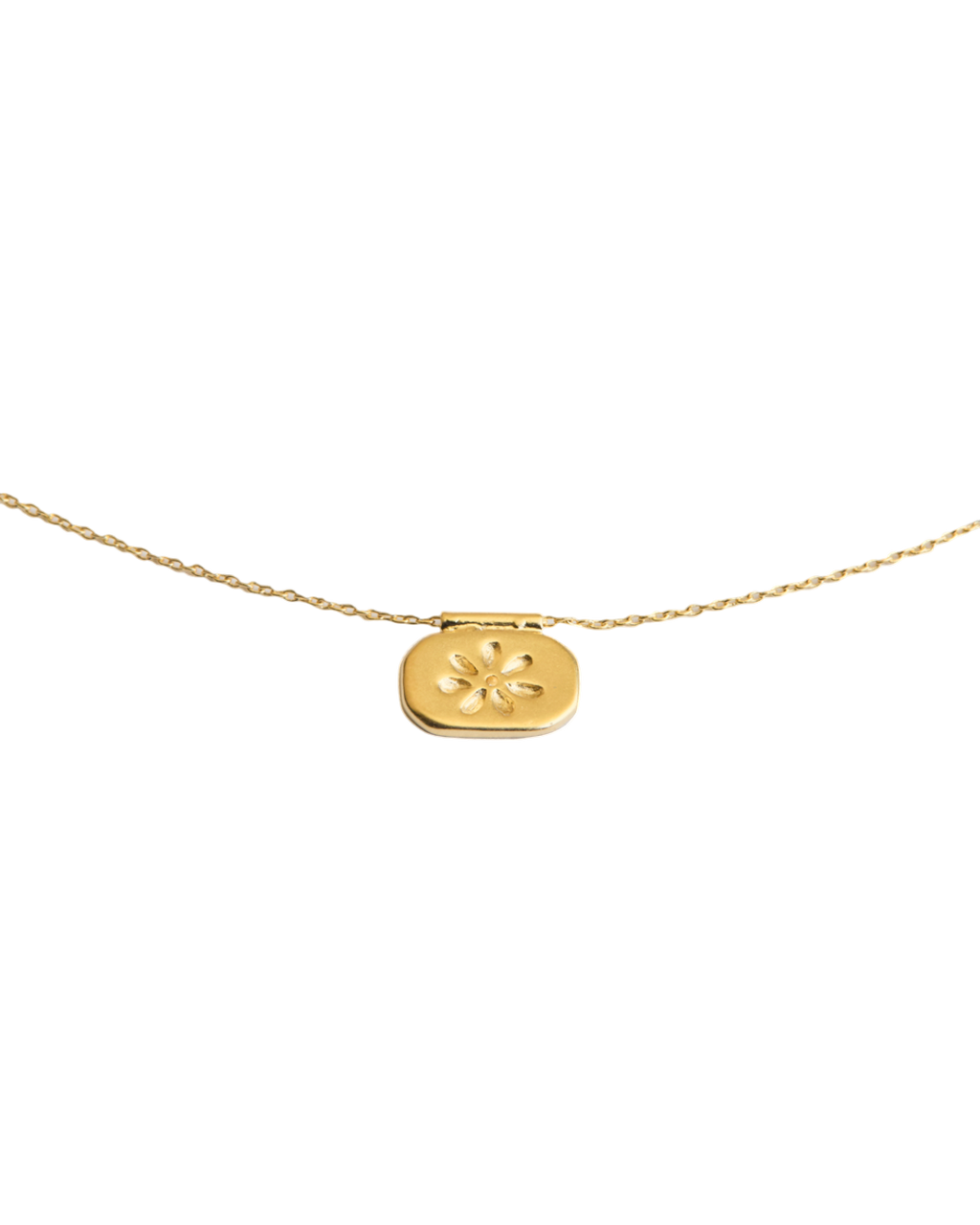 Collier Merci Paris Emma en laiton plaqué or jaune 16 carats avec un pendentif rectangulaire gravé d'une fleur