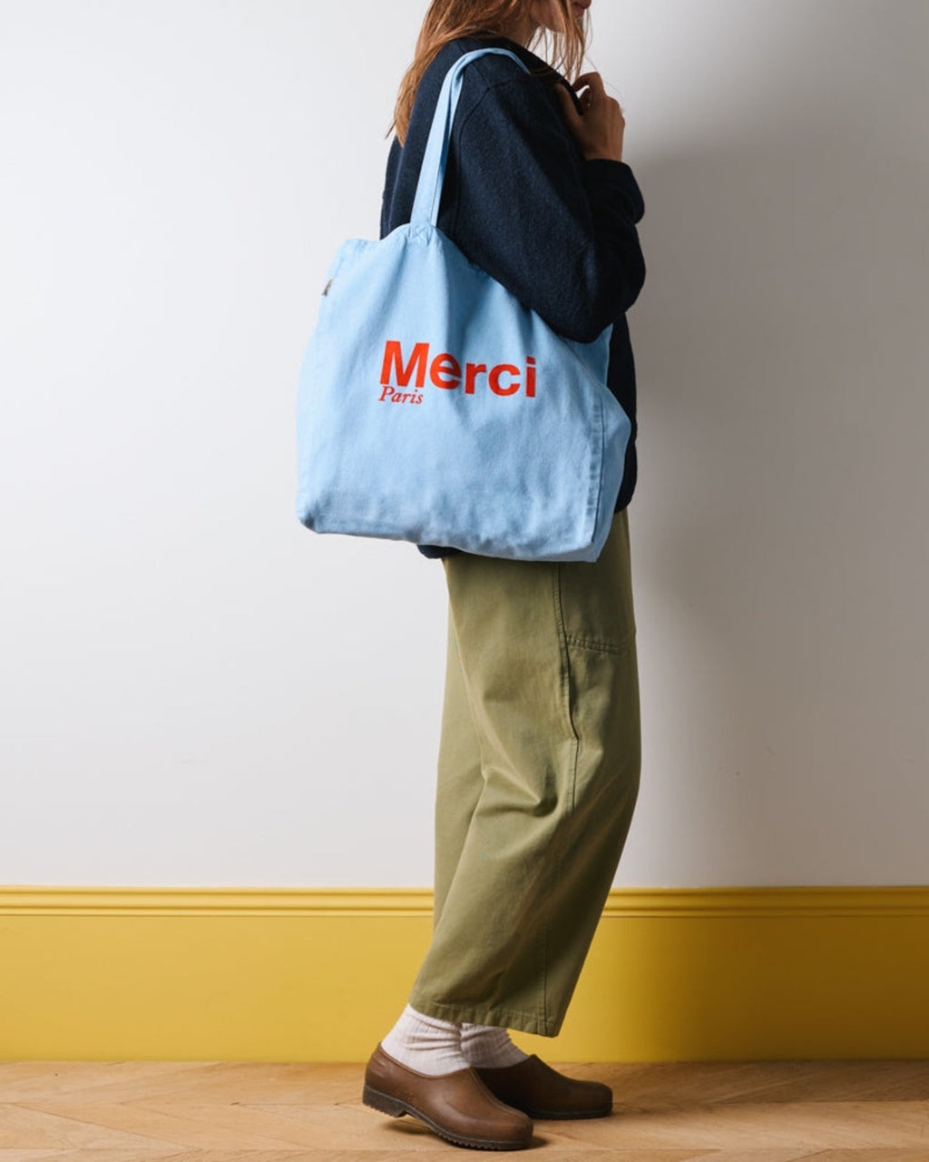 Merci - Cotton Tote Bag - Baby Blue & Red