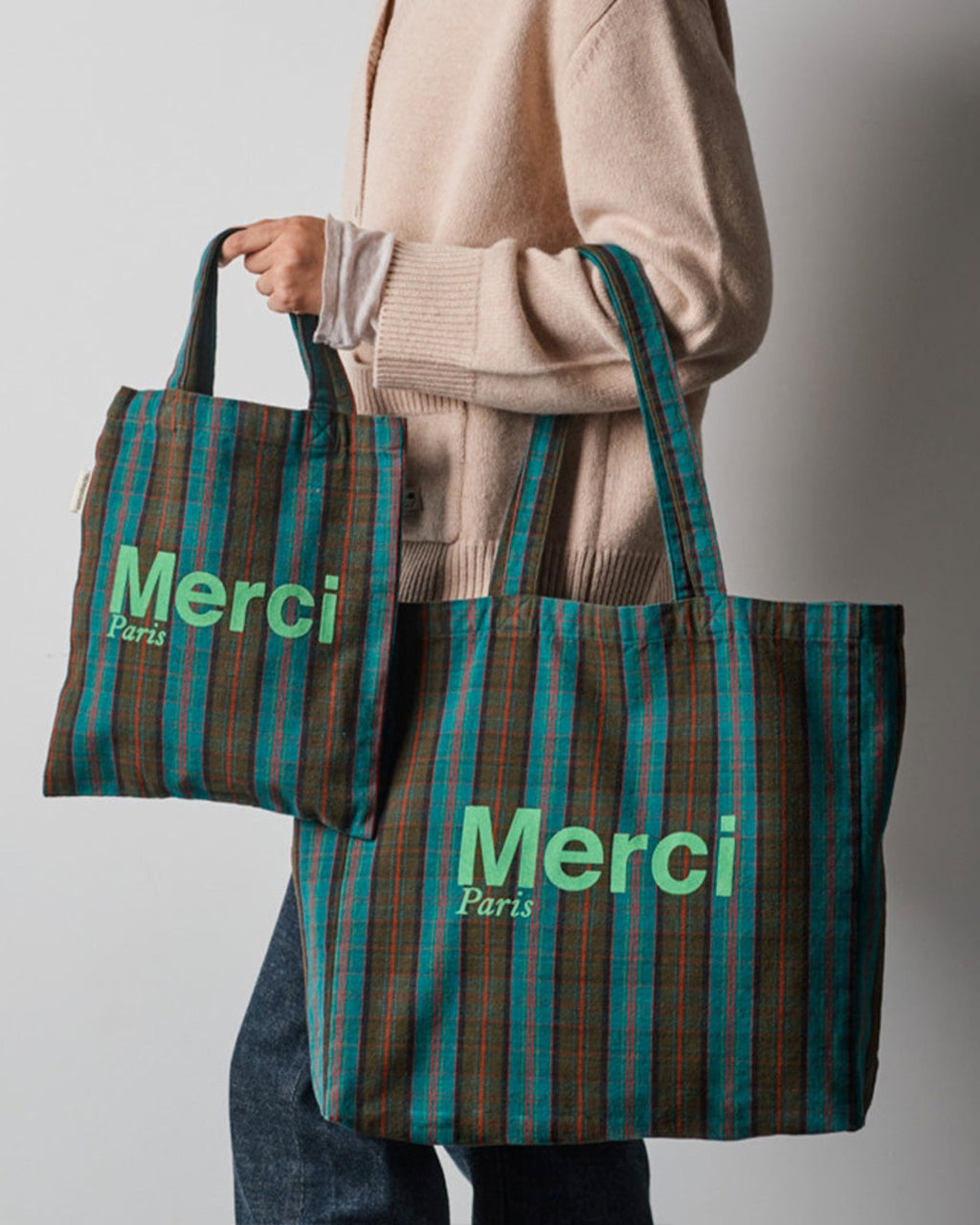 Merci - Cotton Tote Bag - Blue, Brown & Green