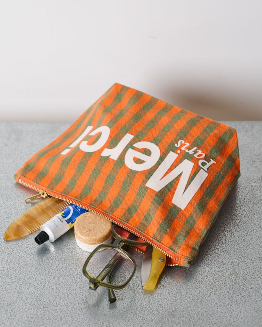 Merci - Pochette En Coton - Orange, Vert & Crème