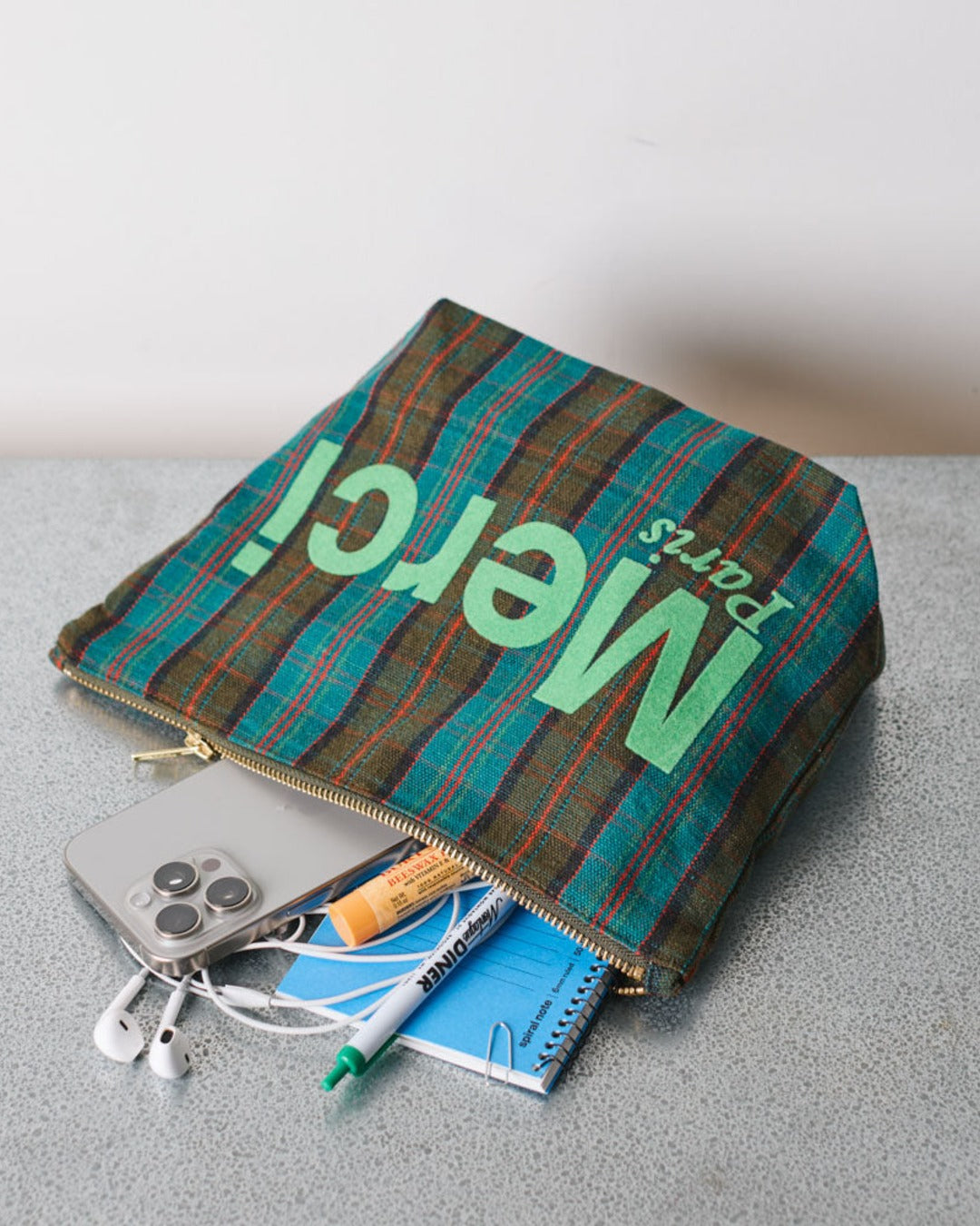 Merci - Pochette En Coton - Bleu, Marron & Vert