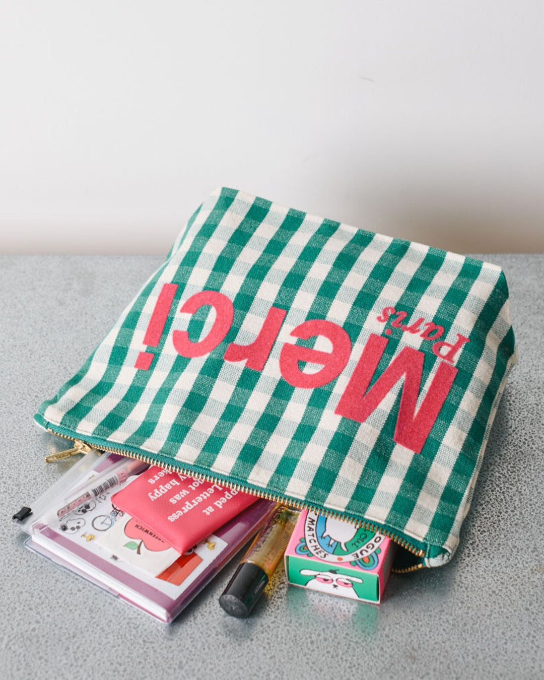 Merci - Pochette En Coton - Vert, Crème & Rose