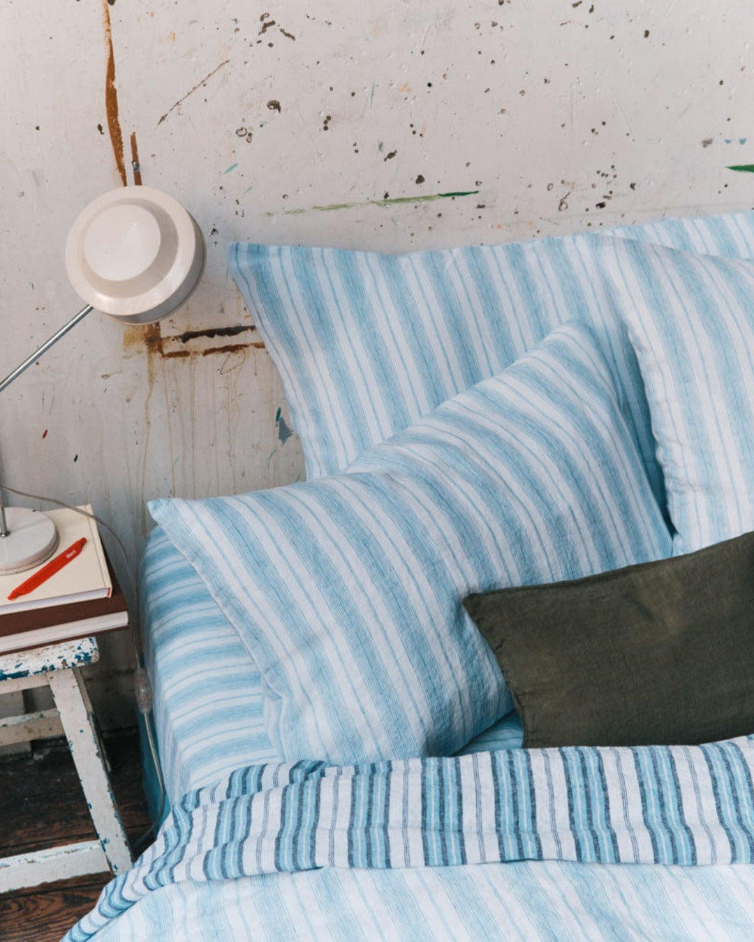 Merci - Housse De Couette En Lin Lavé - Rayures Toile Bleu Primaire