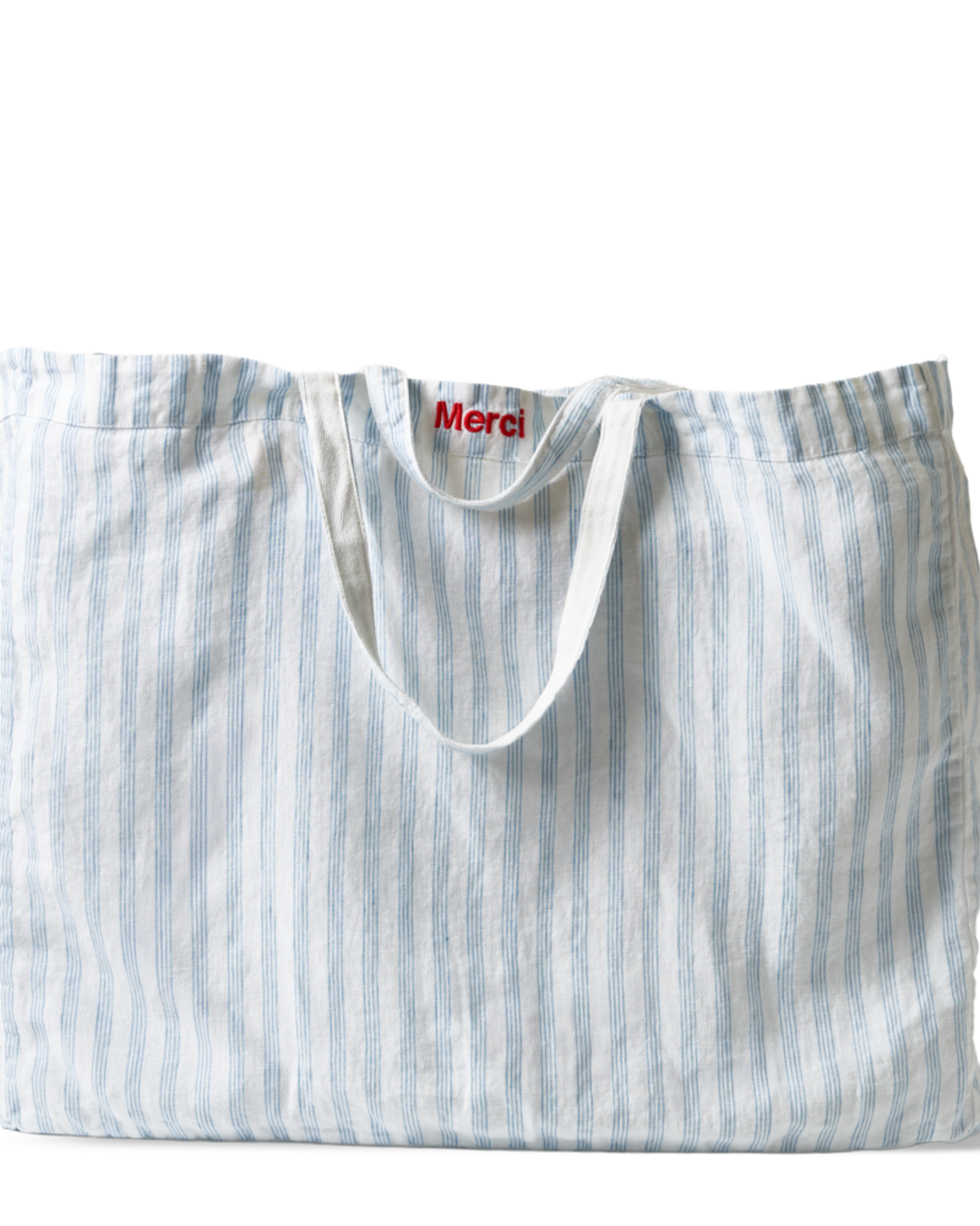 Merci - Washed linen Merci shopping bag - Primary Blue Paintbrush Stripes