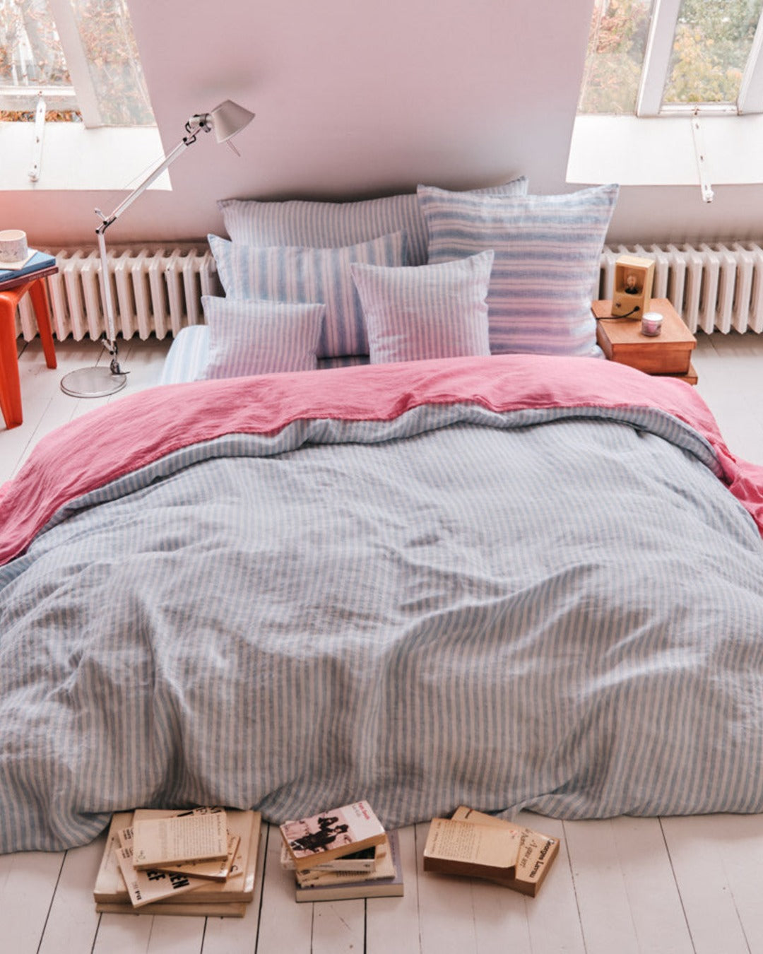 Merci - Housse De Couette En Lin Lavé - Rayures Pinceau Bleu Primaire