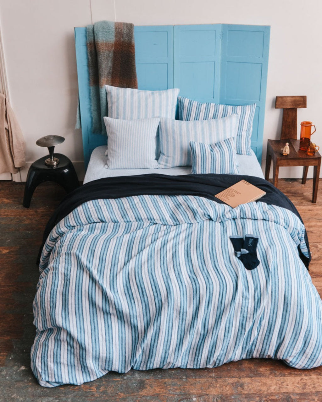 Merci - Housse De Couette En Lin Lavé - Rayures Palette Bleu Primaire
