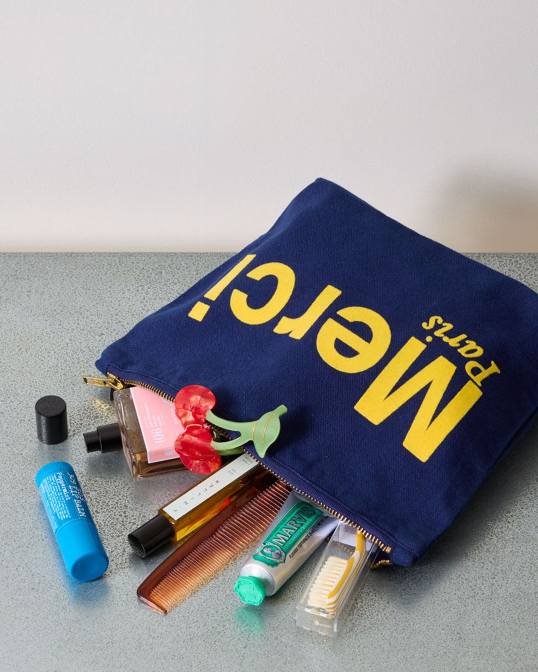 Merci - Pochette En Coton - Bleu Nuit & Banane