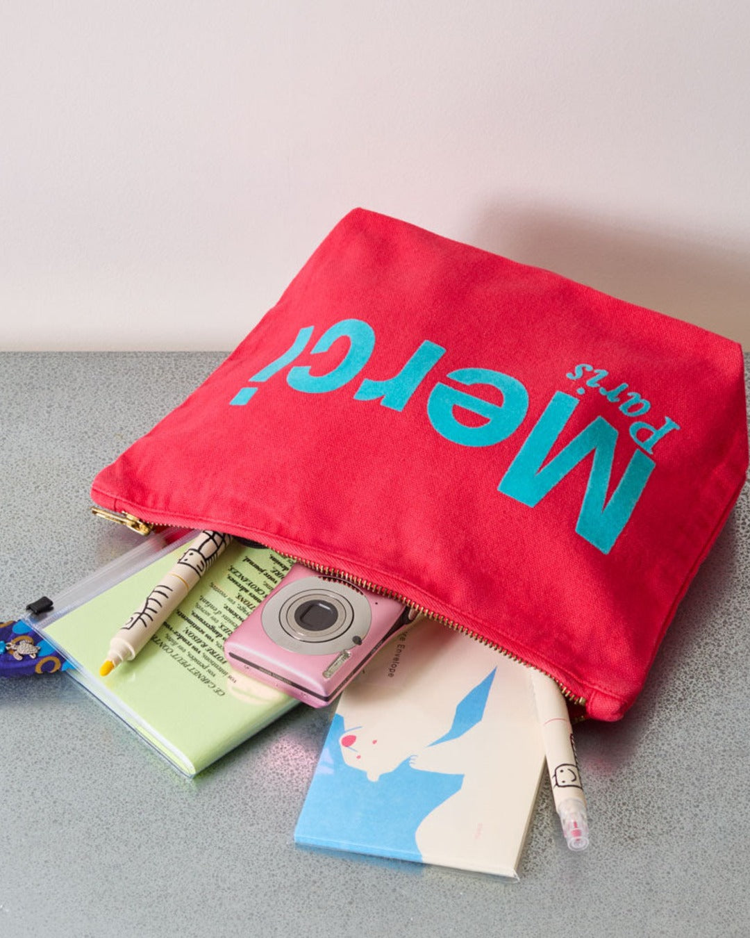Merci - Pochette En Coton - Framboise & Turquoise