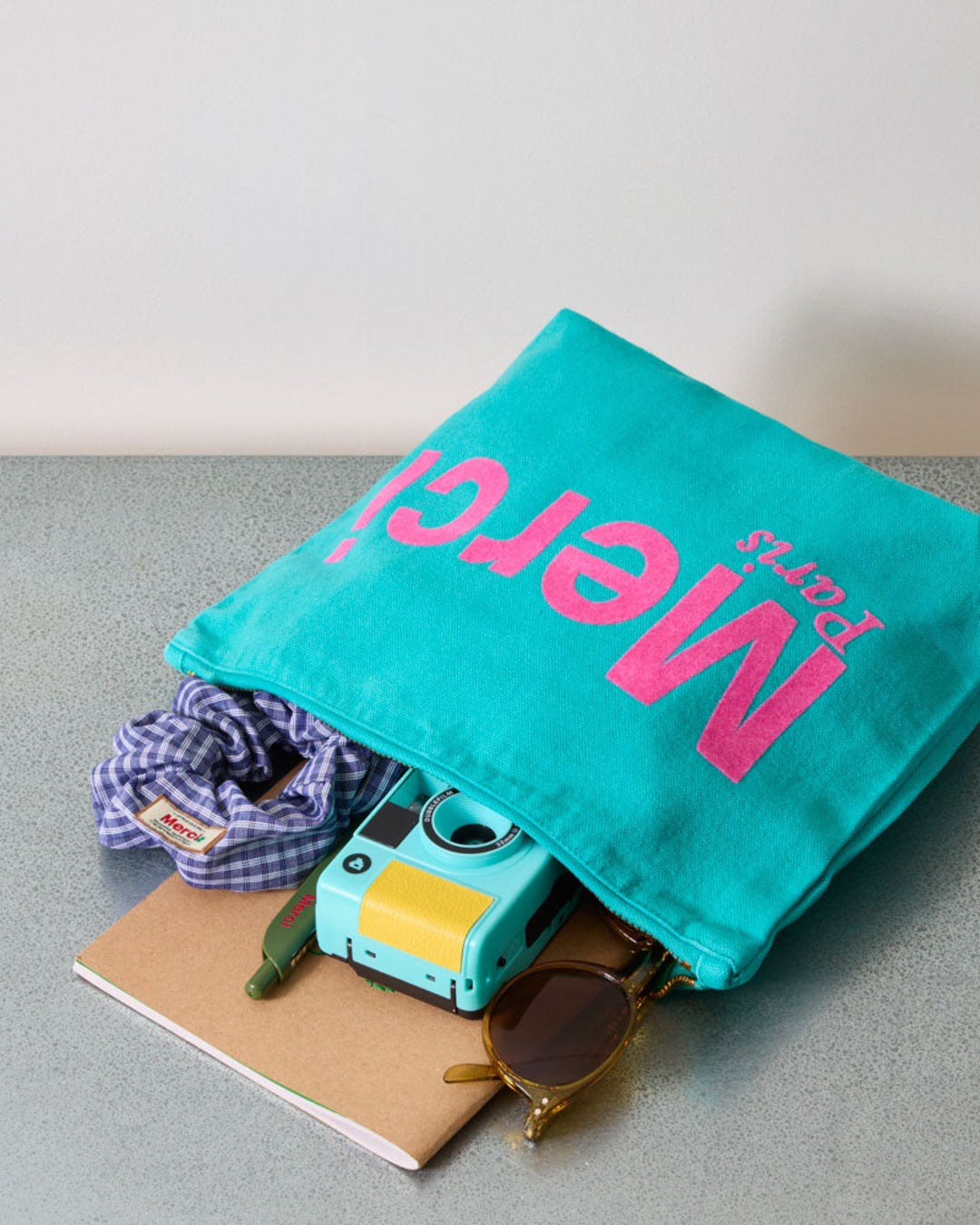 Merci - Cotton pouch - Turquoise & Pink