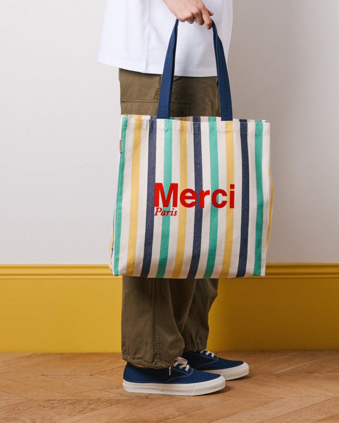 Merci - Tote Bag En Coton Rayé - Bleu Nuit & Banane