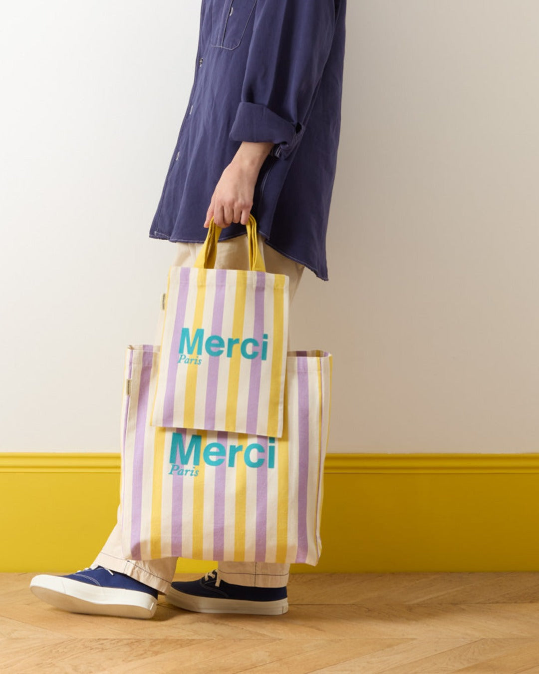 Merci - Striped cotton tote bag - Lilac & Banana