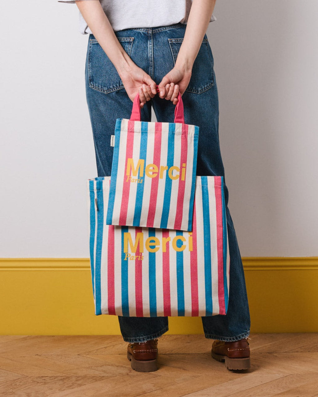 Merci - Tote Bag En Coton Rayé - Rose & Bleu