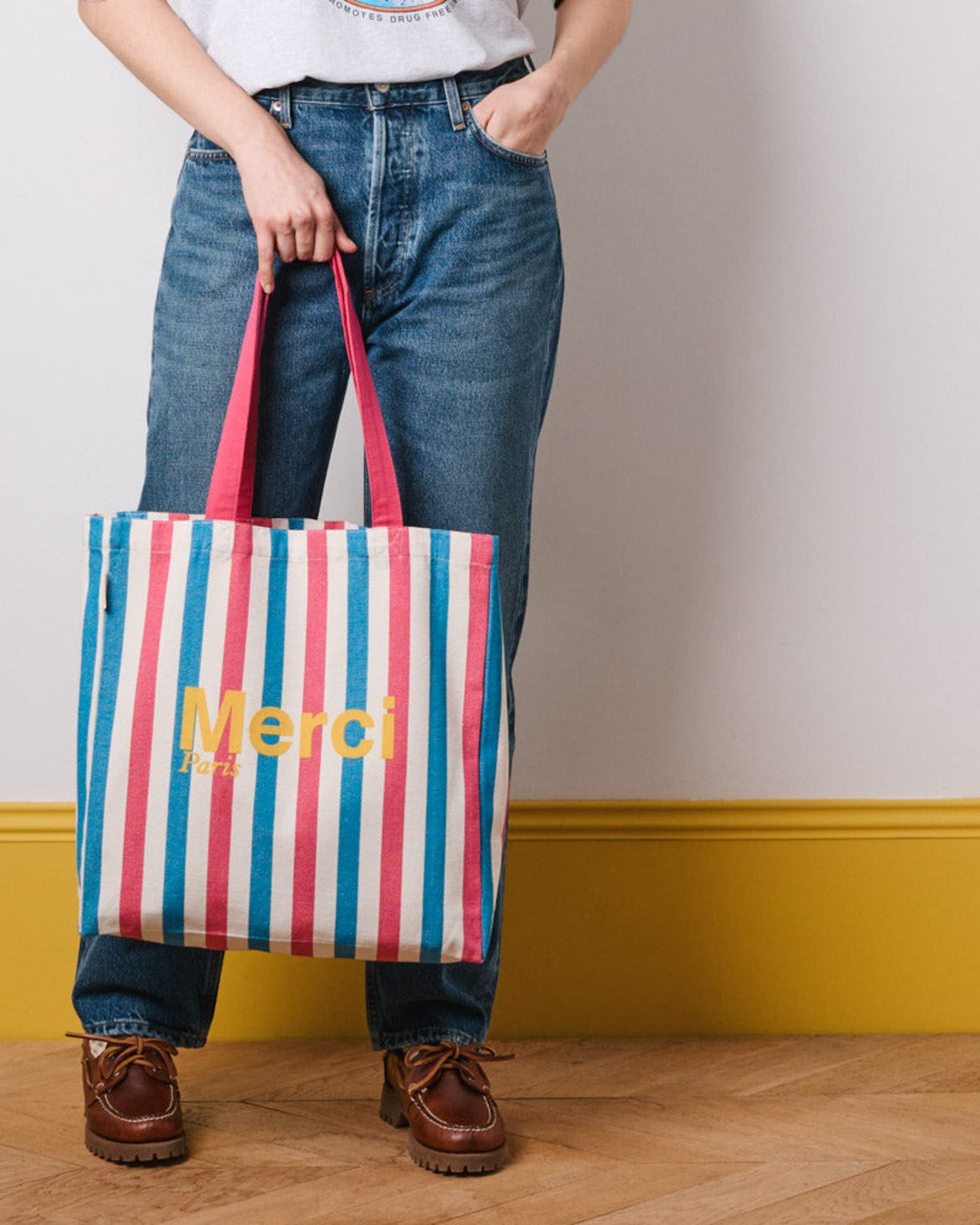 Merci - Tote Bag En Coton Rayé - Rose & Bleu