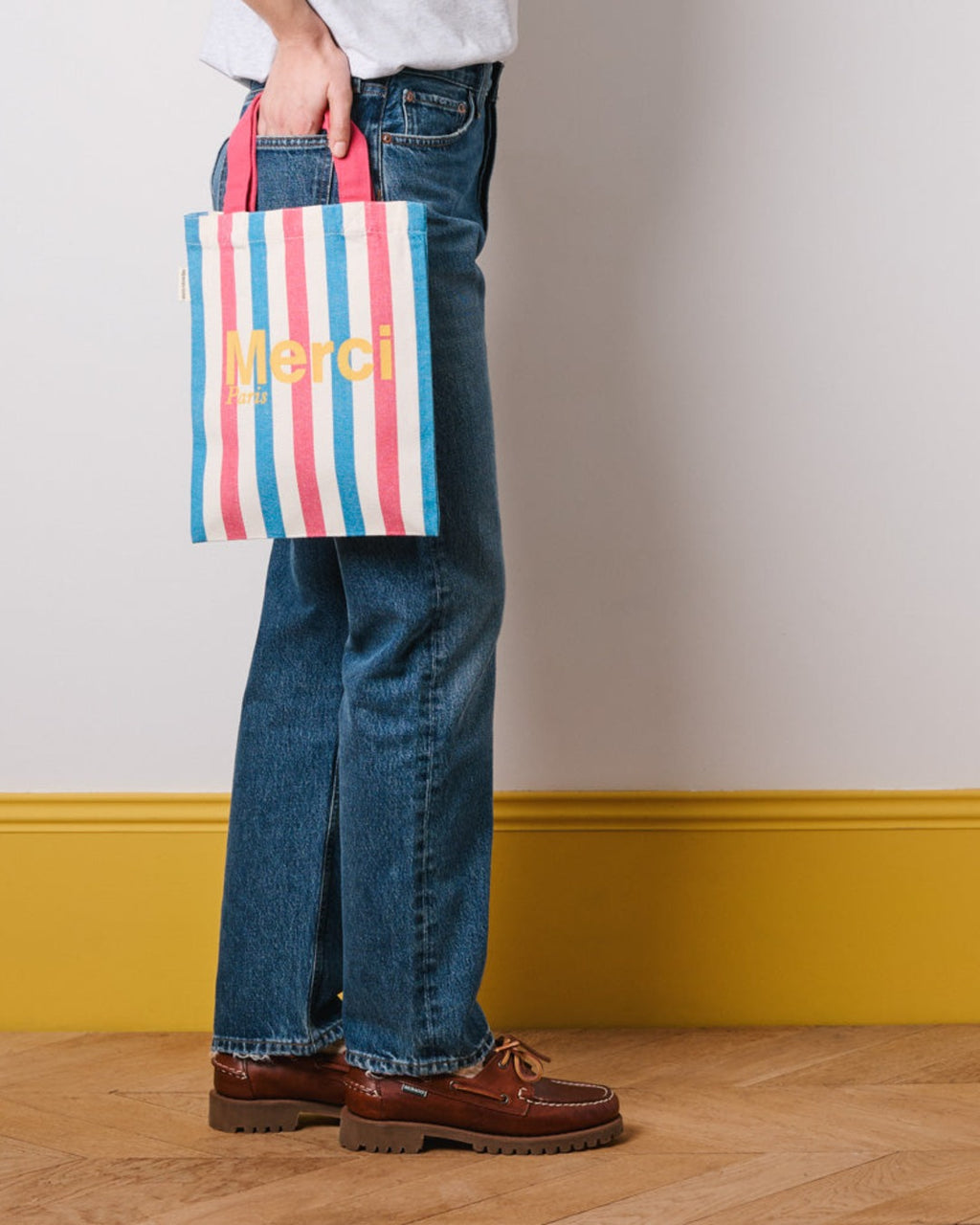 Merci - Tote Bag En Coton Rayé - Rose & Bleu