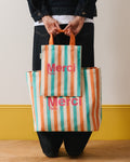 Merci - Tote Bag En Coton Rayé - Turquoise & Abricot