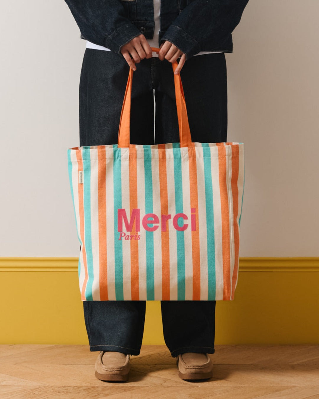 Merci - Tote Bag En Coton Rayé - Turquoise & Abricot