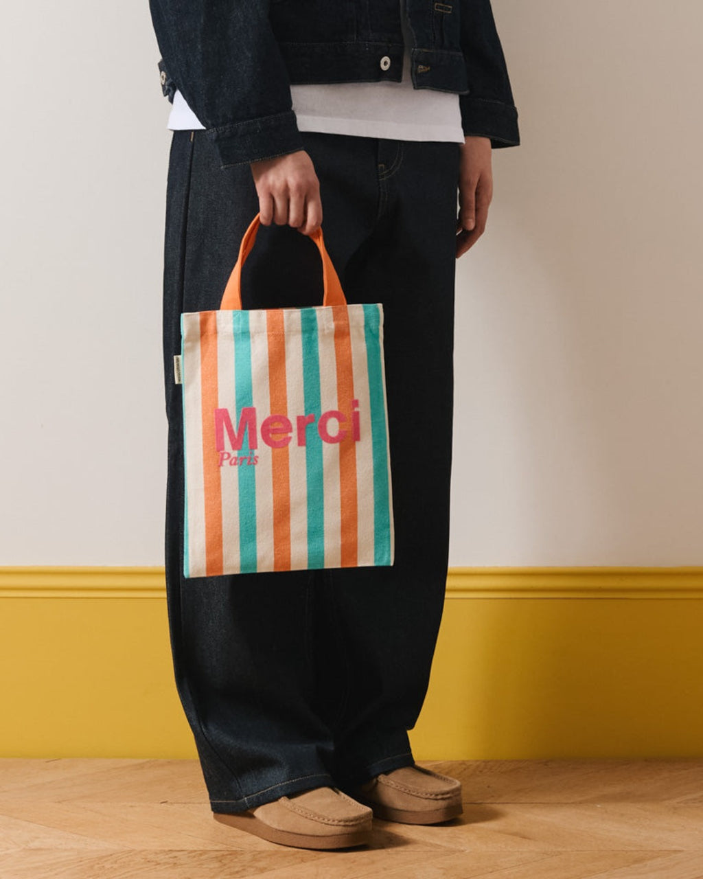 Merci - Tote Bag En Coton Rayé - Turquoise & Abricot