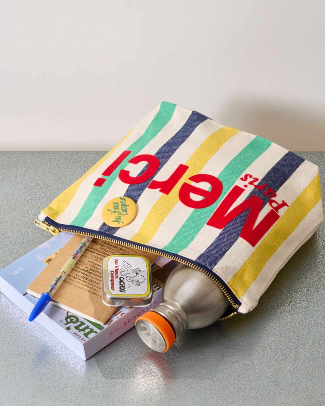 Merci - Pochette En Coton Rayé - Bleu Nuit & Banane