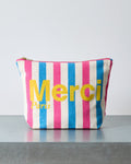 Merci - Pochette En Coton Rayé - Rose & Bleu