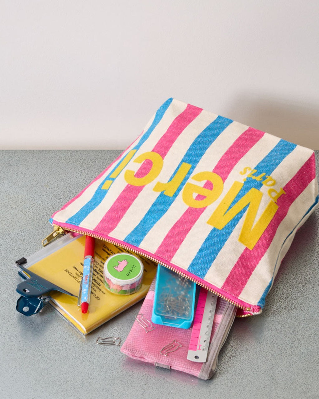 Merci - Pochette En Coton Rayé - Rose & Bleu