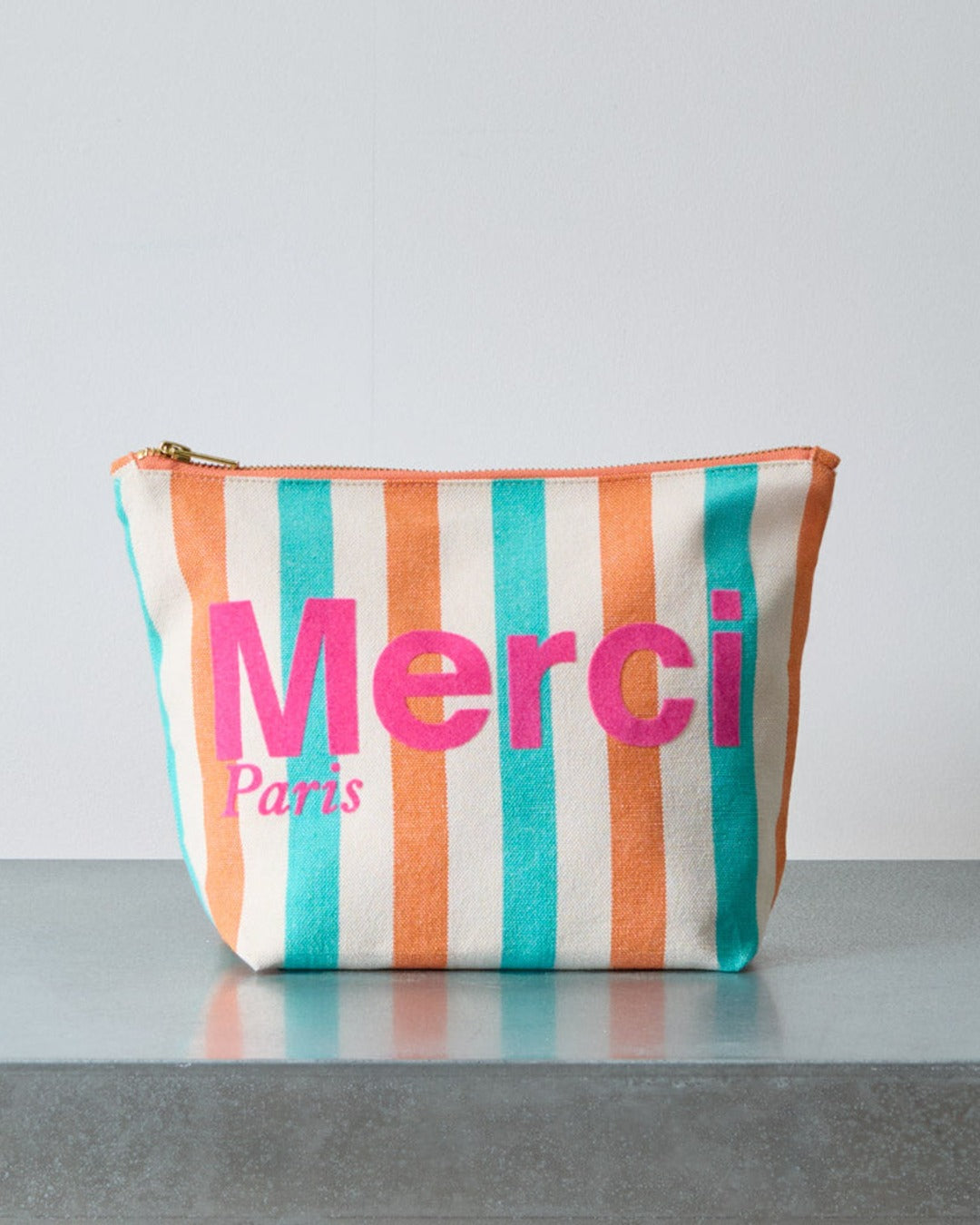 Merci - Pochette En Coton Rayé - Turquoise & Abricot