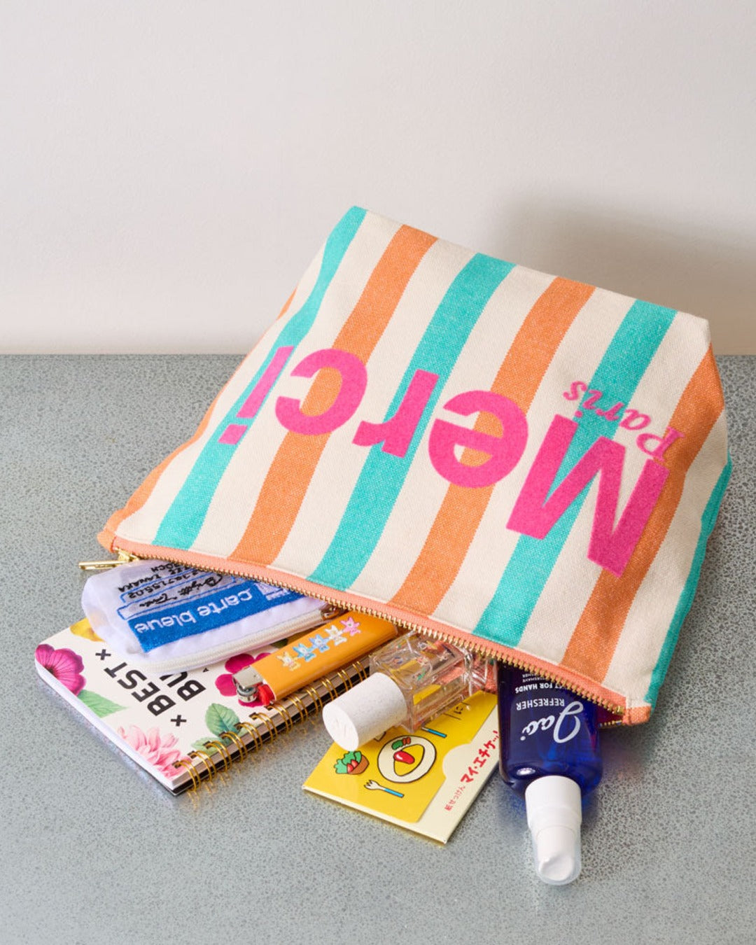 Merci - Pochette En Coton Rayé - Turquoise & Abricot