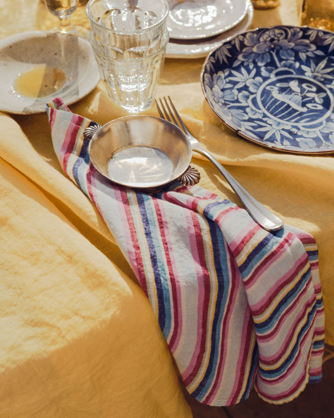 Merci - Serviette De Table En Lin Lavé - Rayures Parasol