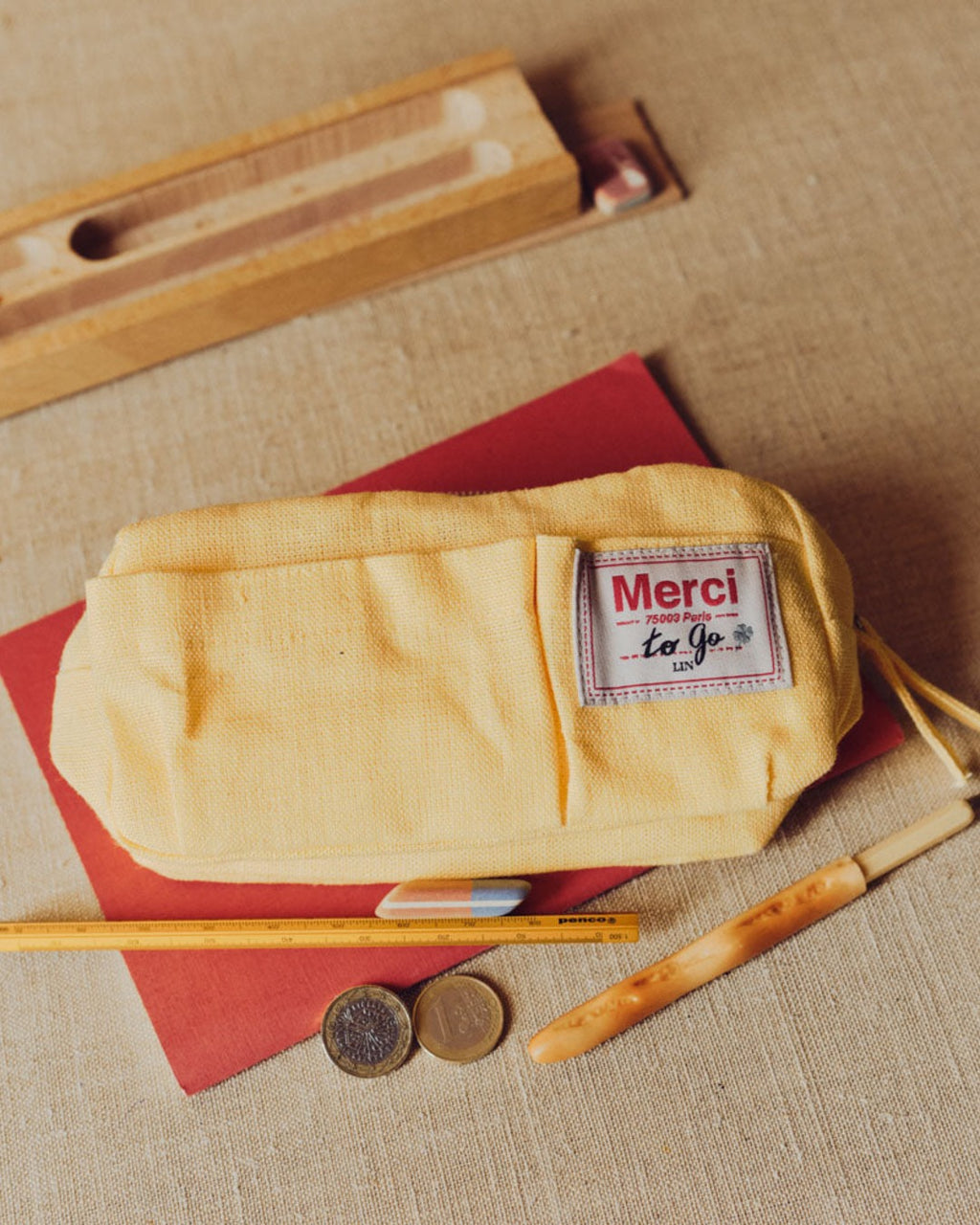 Merci - Trousse En Lin Lavé - Jaune Citronnade