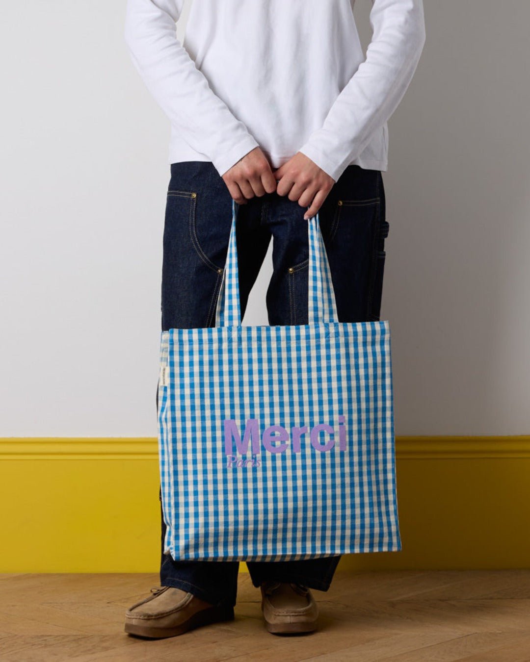 Merci - Vichy cotton tote bag - Blue and Ecru
