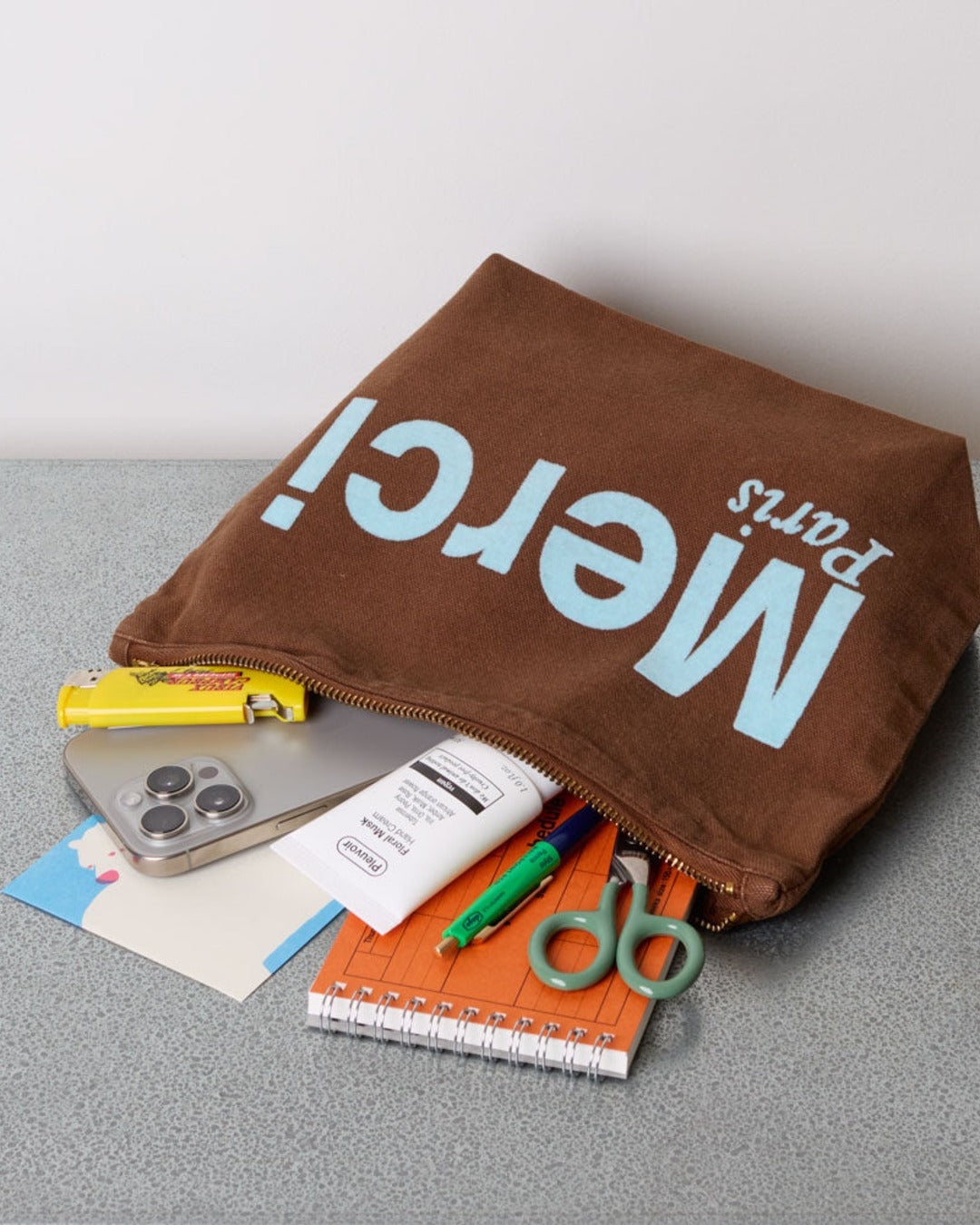 Merci - Pochette En Coton - Marron & Bleu