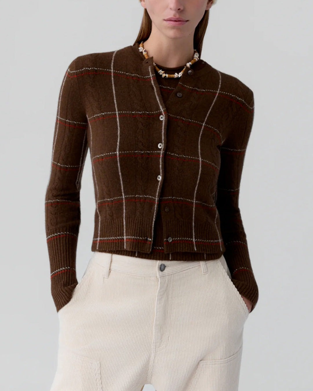 Guest In Residence - Cardigan Jane Checker - Burnt Cocoa & Carmine