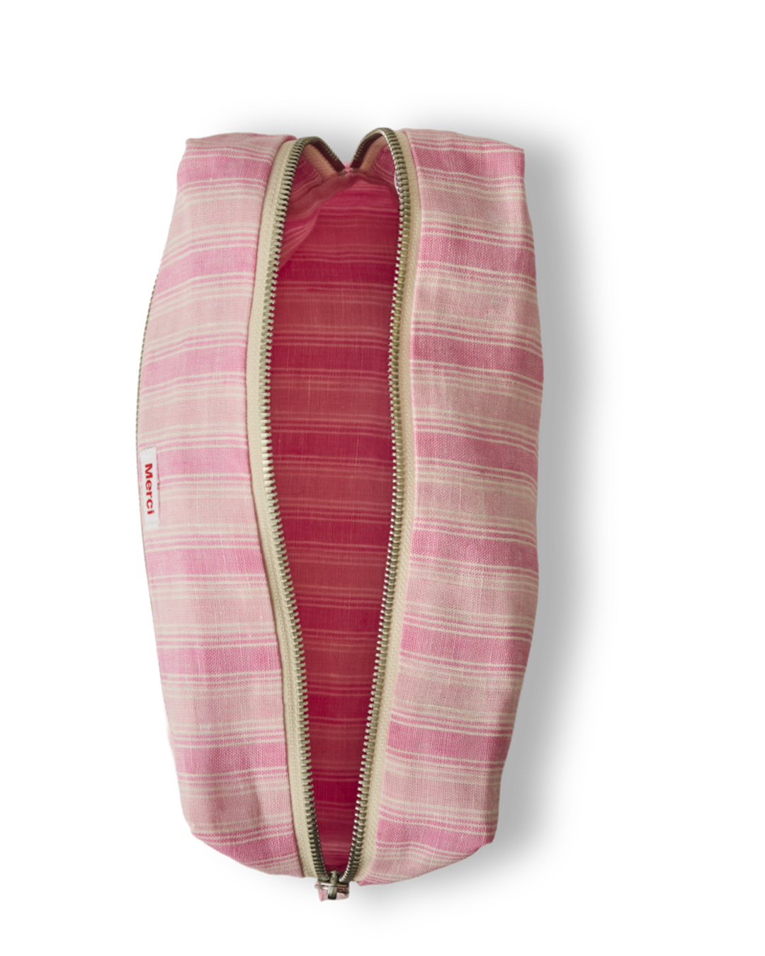 Merci - Trousse De Toilette En Lin Lavé - Rayures Trame Rose