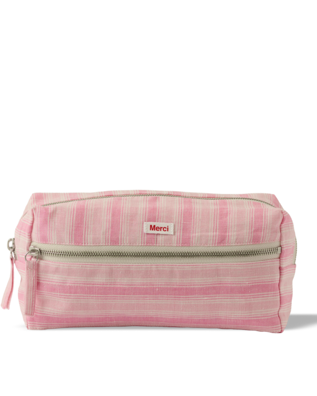 Merci - Trousse De Toilette En Lin Lavé - Rayures Trame Rose
