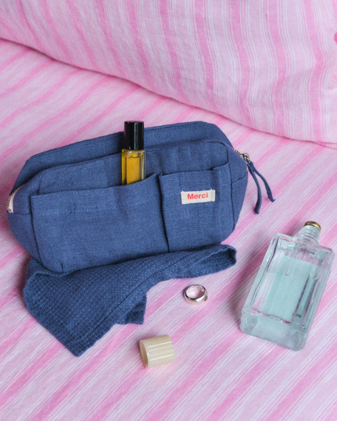 Merci - Trousse En Lin Lavé - Bleu Pacifique