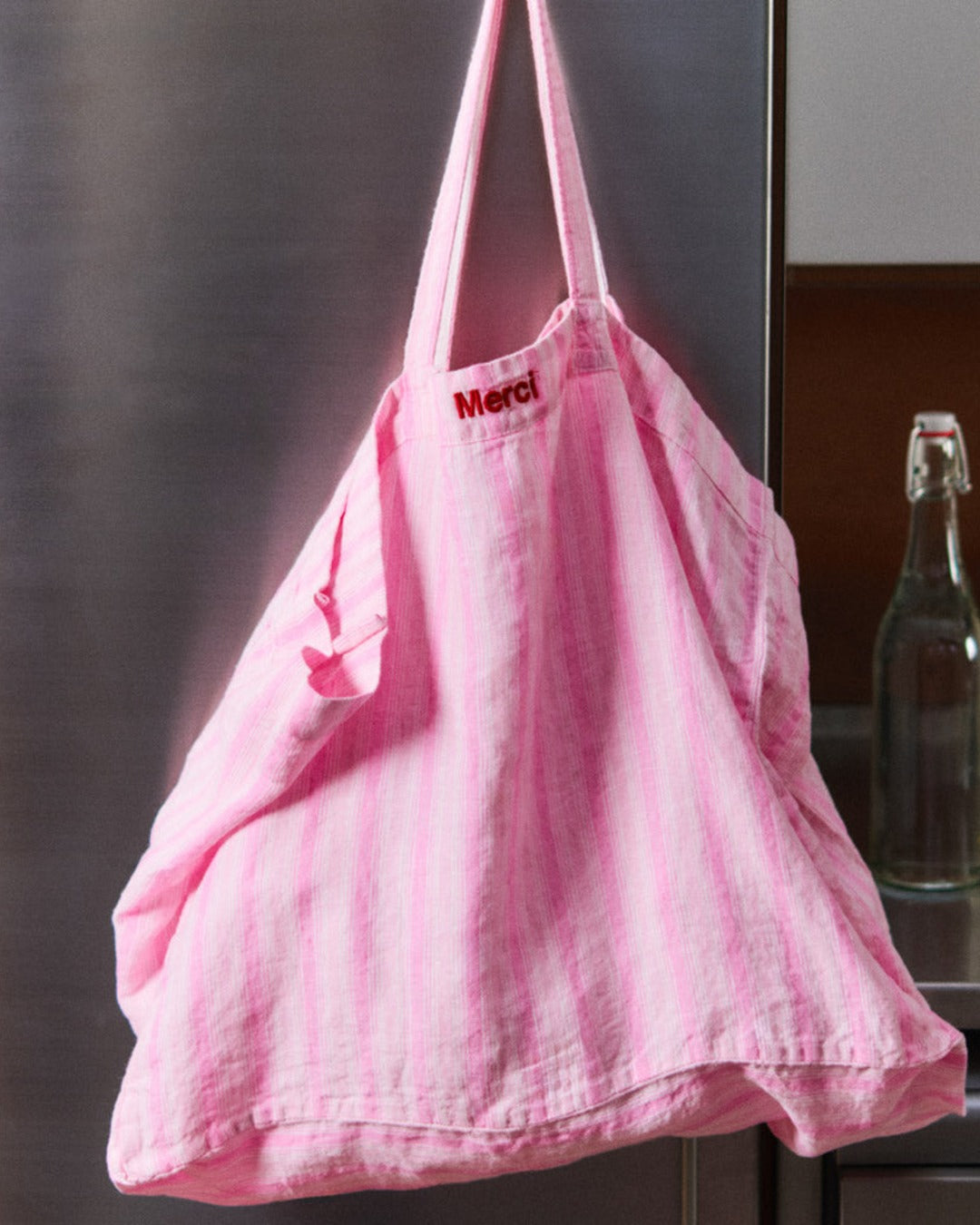 Merci - Cabas En Lin Lavé - Rayures Trame Rose