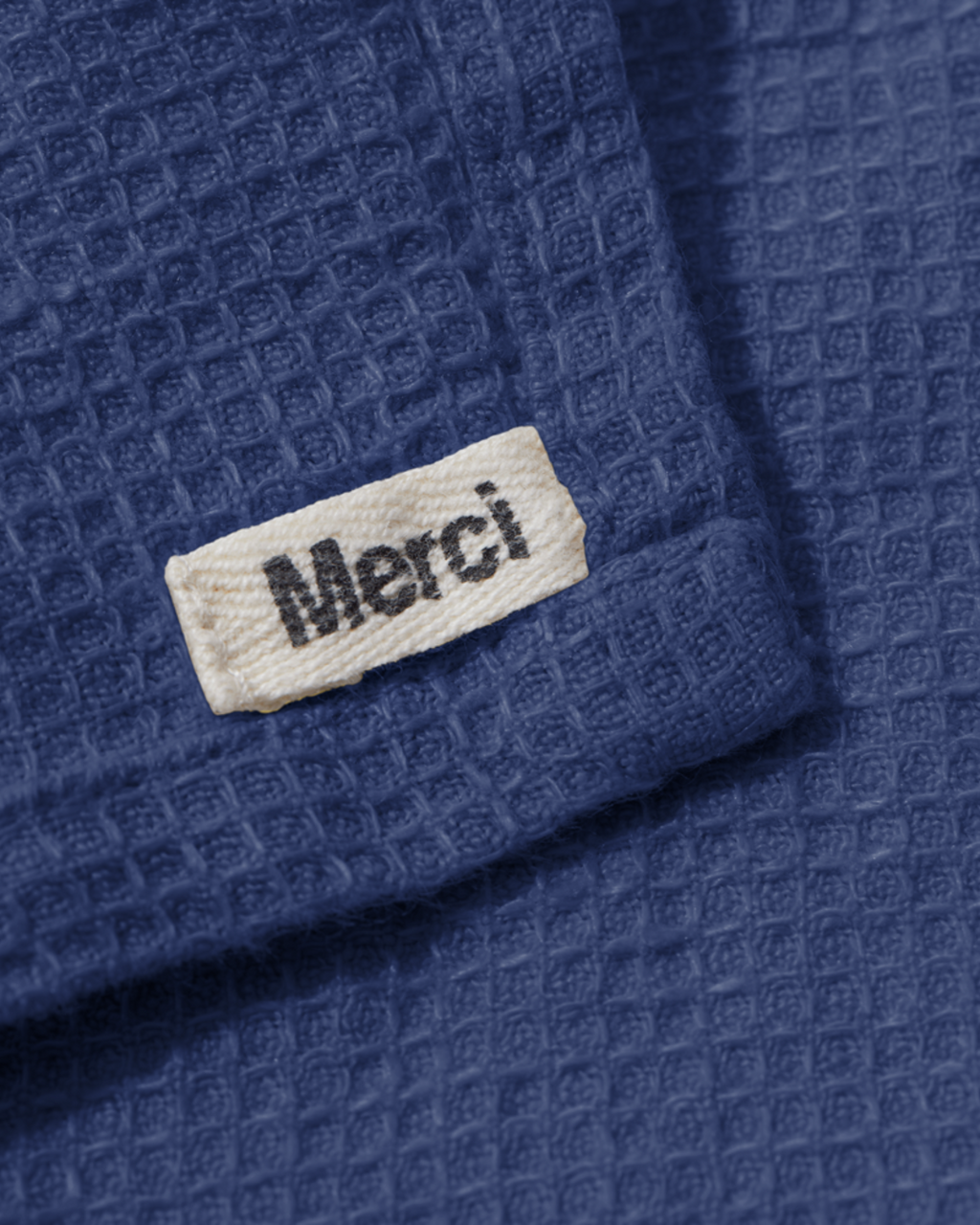 Merci - Serviette De Bain En Lin Nid D'Abeille - Bande Bleu Pacifique