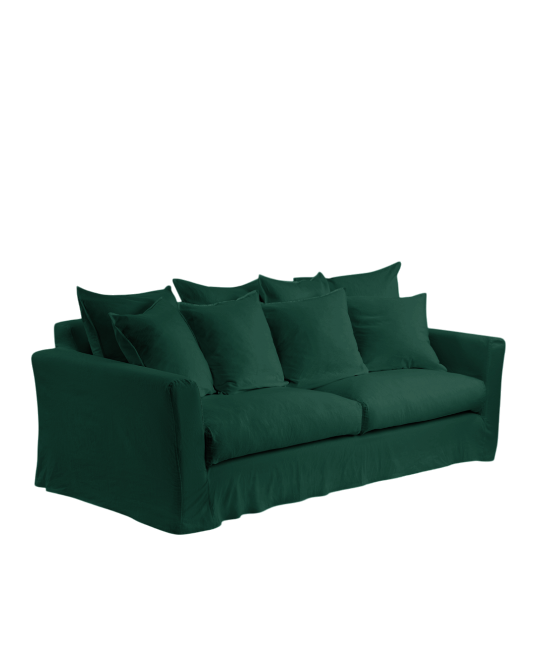 Canapé convertible 3 places Merci Paris en tissu vert séquoia avec coussins en plumes, design déhoussable et confortable
