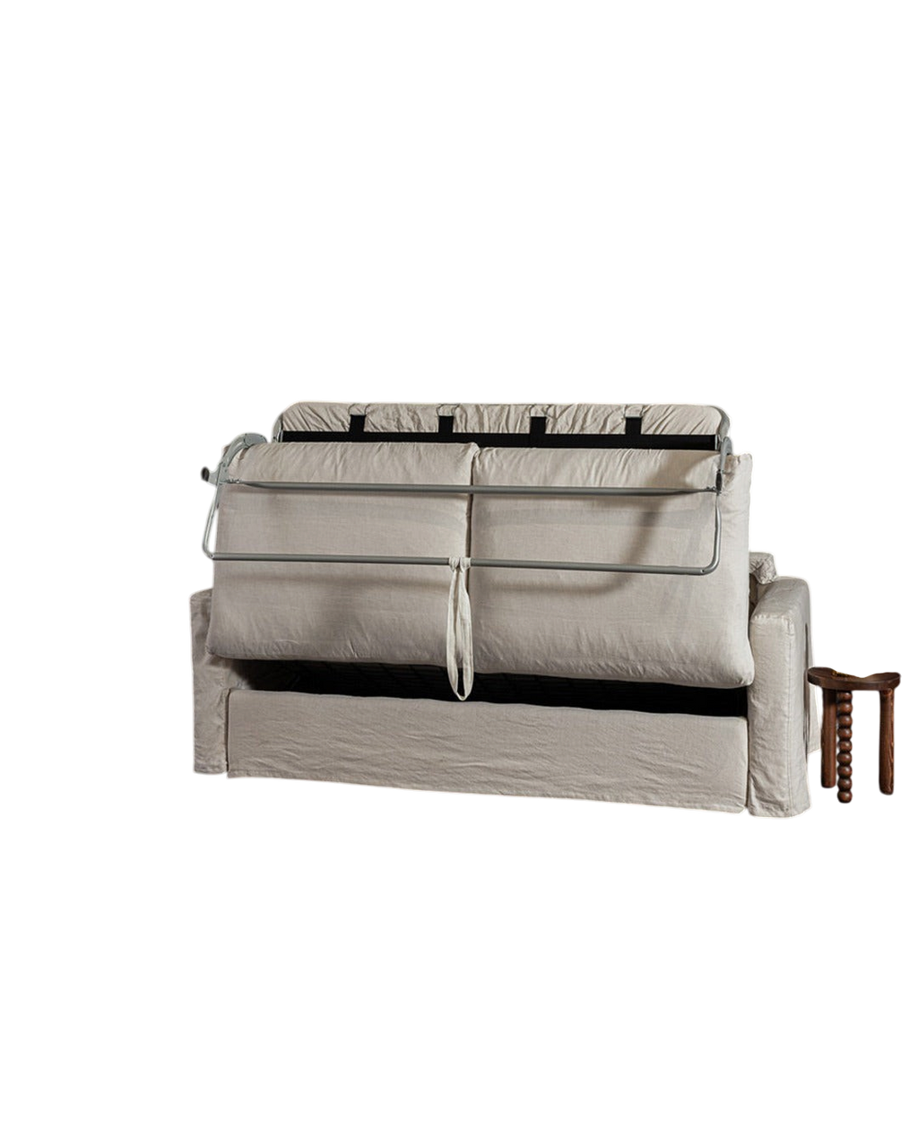 Canapé convertible Merci Paris 3 places en tissu beige avec mécanisme de lit déplié et structure en bois massif