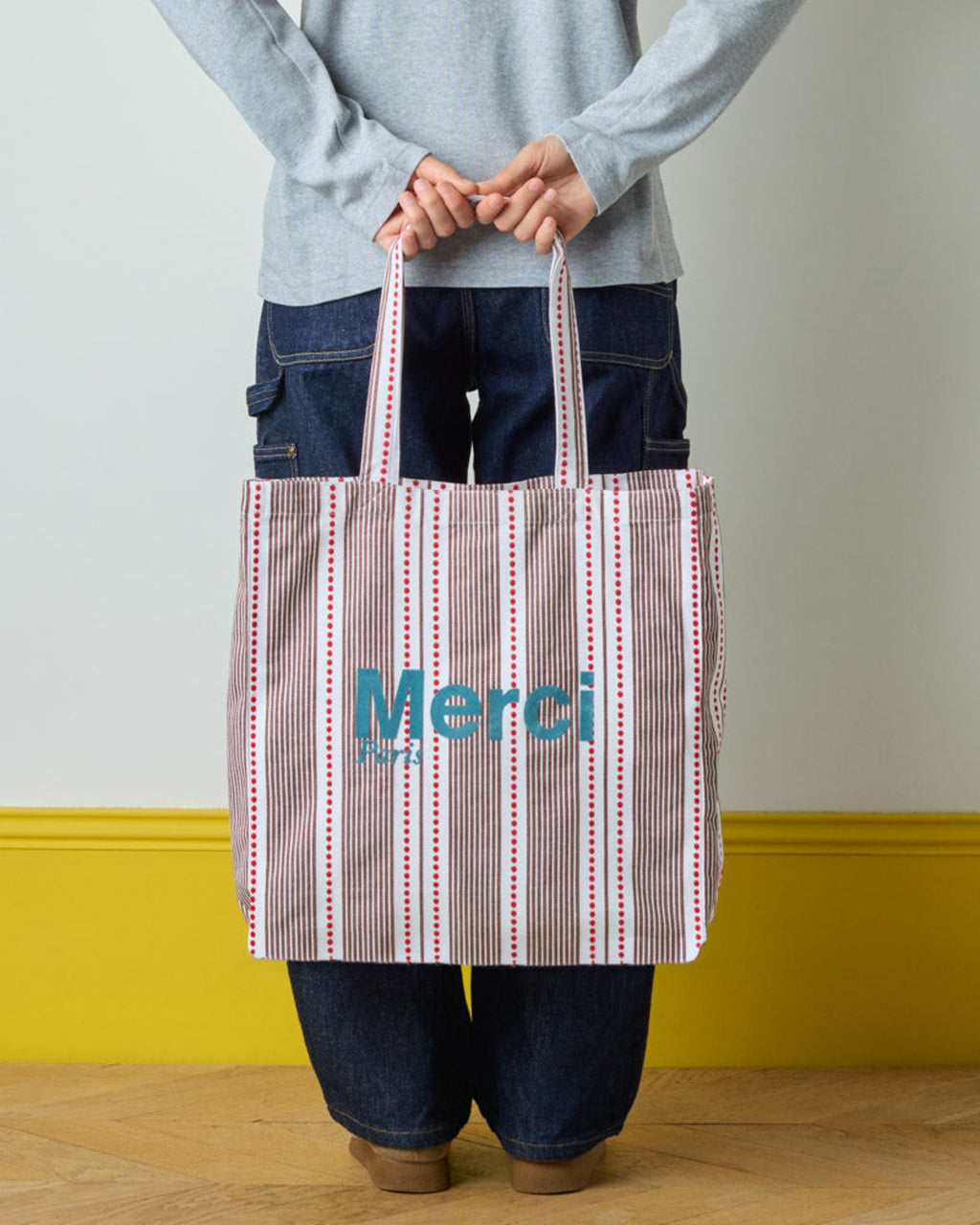 Merci - Tote Bag En Coton Hickory - Rouge Bleu & Marron