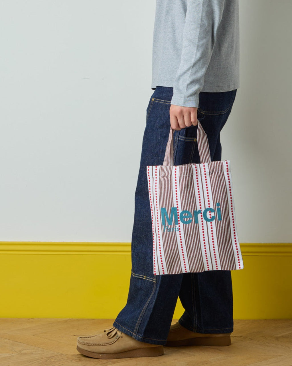 Merci - Tote Bag En Coton Hickory - Rouge Bleu & Marron