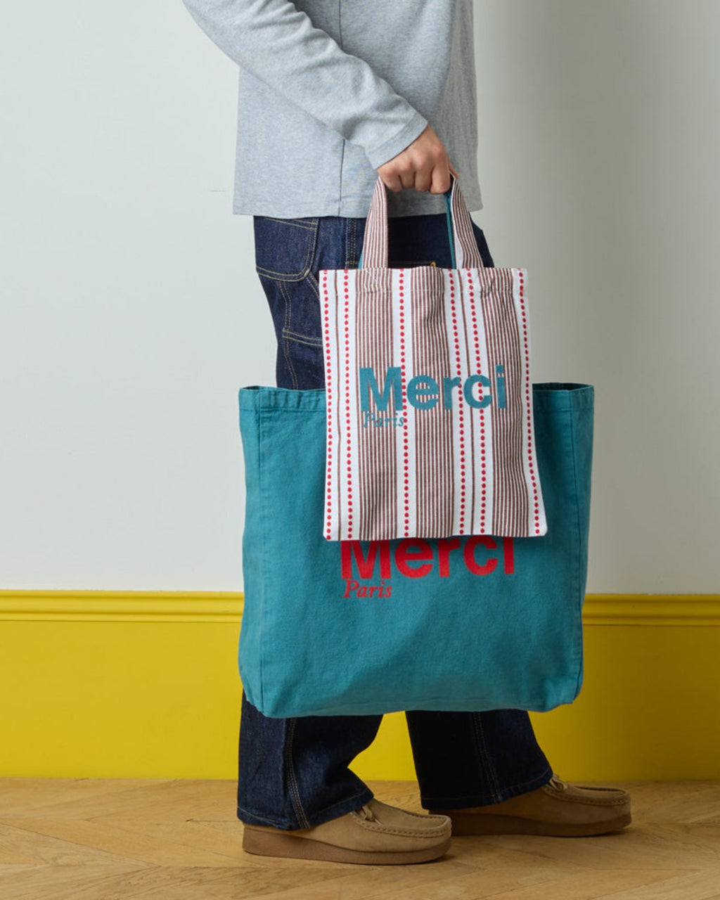 Merci - Tote Bag En Coton Hickory - Rouge Bleu & Marron