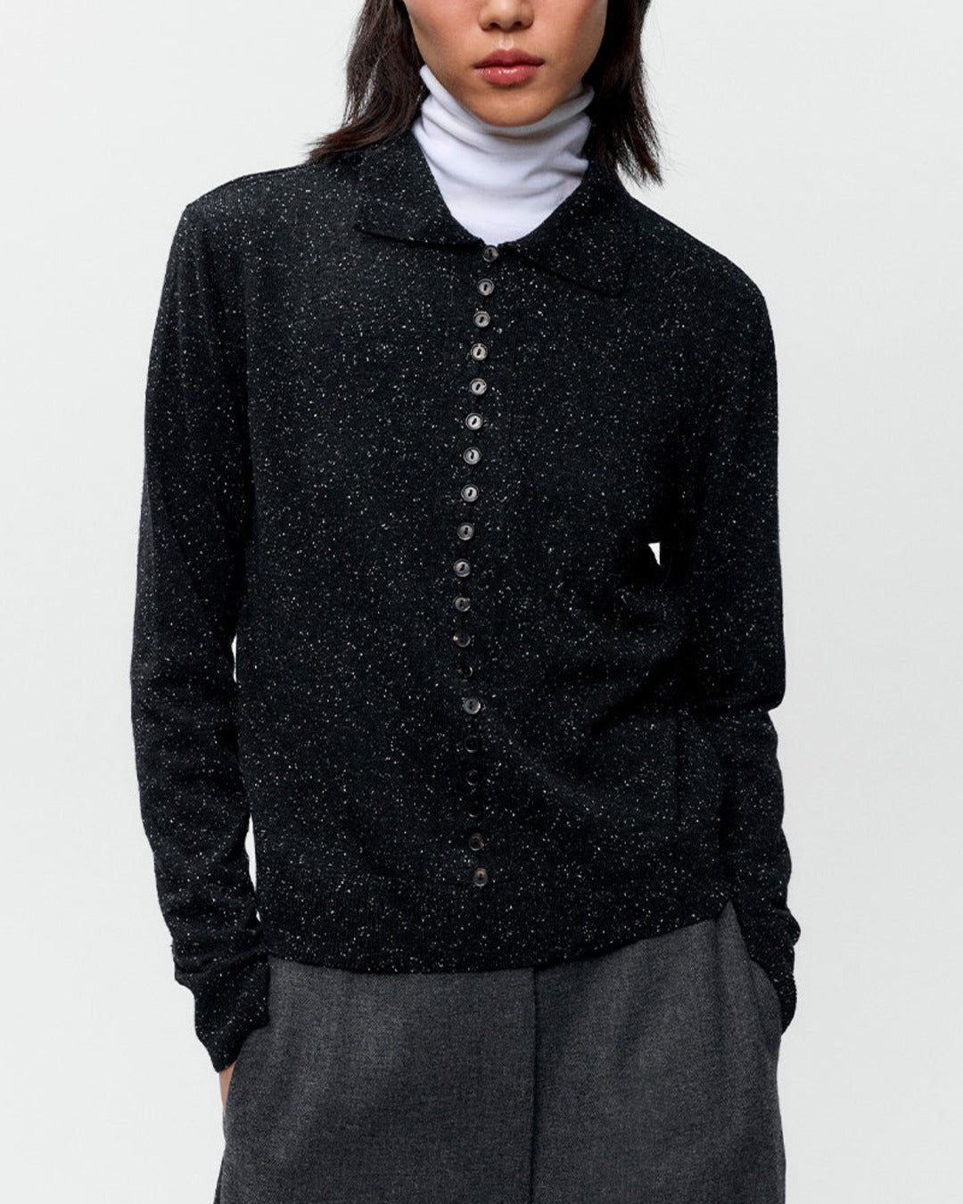 Cordera - Speckled Polo Cardigan - Black
