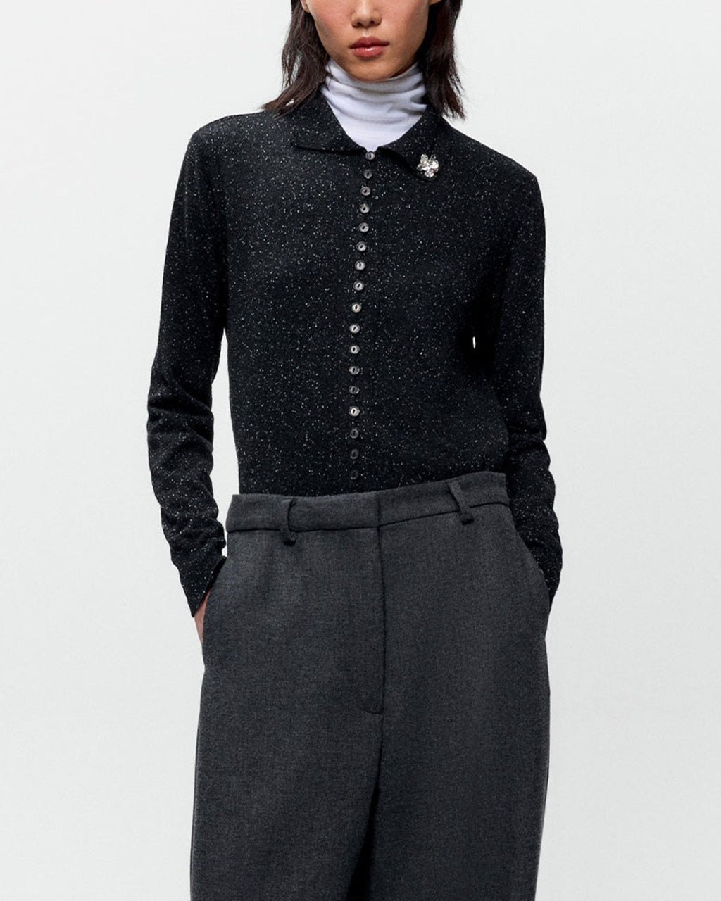 Cordera - Speckled Polo Cardigan - Black