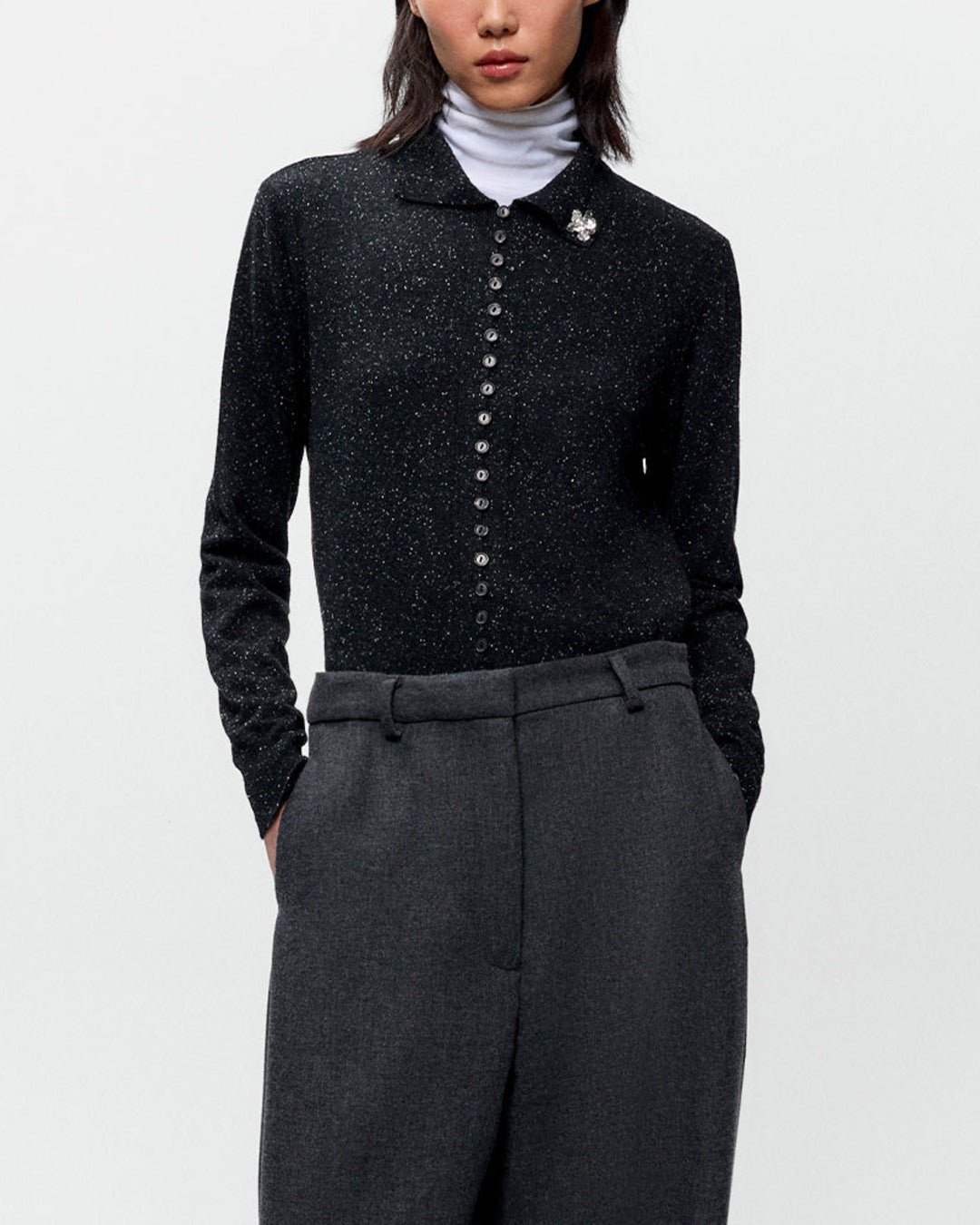 Cordera - Speckled Polo Cardigan - Black